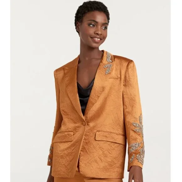 CINQ À SEPT 'Cheyenne' Crystal-Embellished Crinkled-Satin Blazer, Pecan - Picture 3 of 4